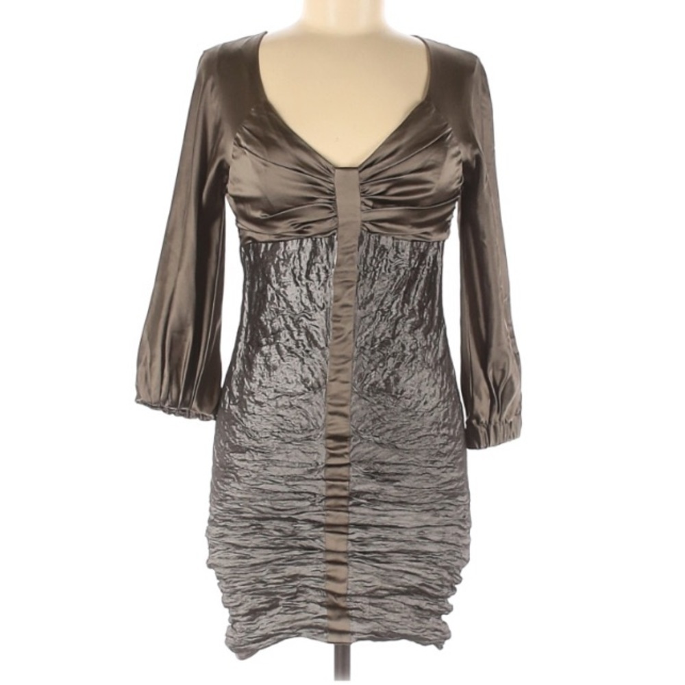 Vintage Y2K Nicole Miller Silk Rouched Long Sleeve mini dress metallic grey 8